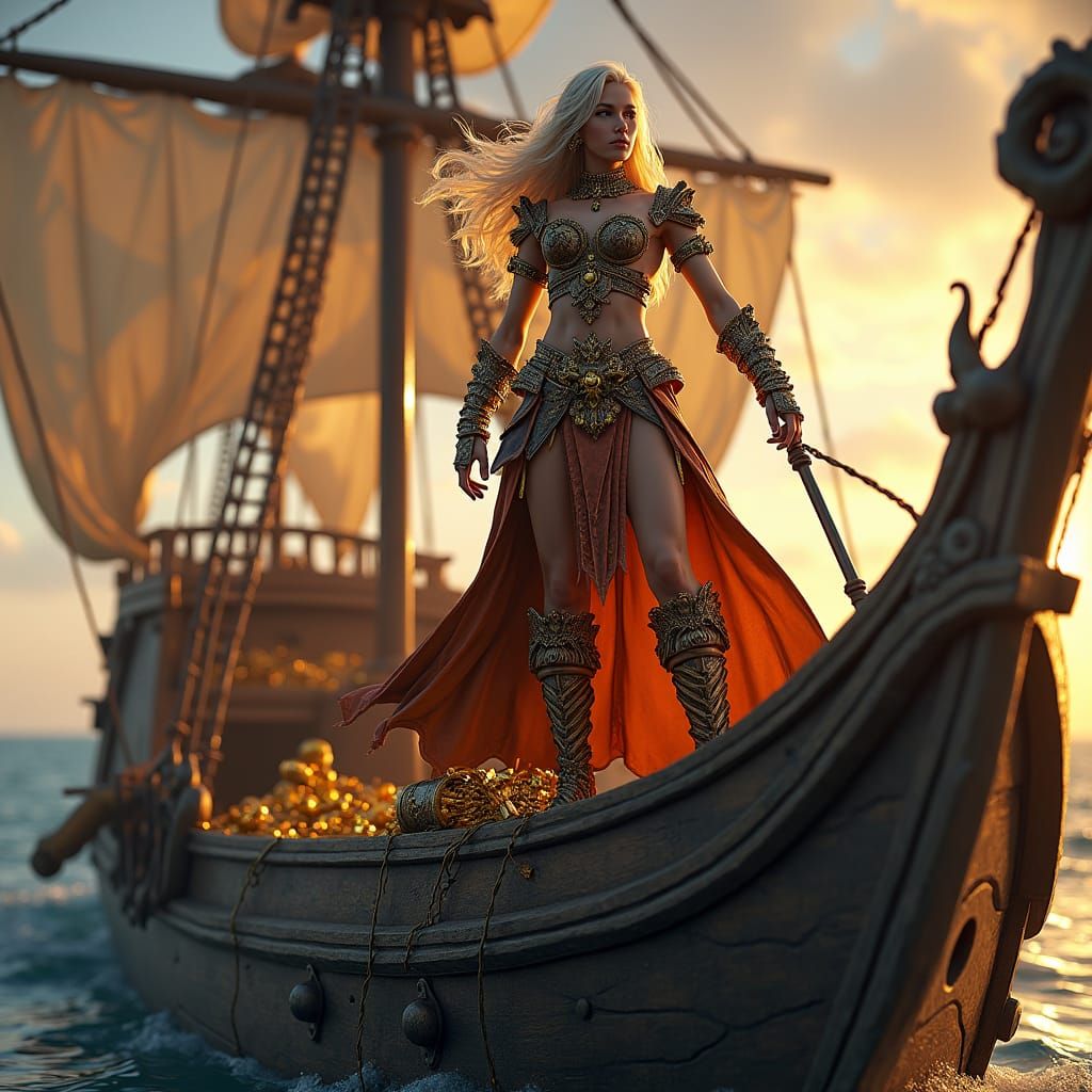 Regal Pirate Huntress Amidst Treasure on Galleon