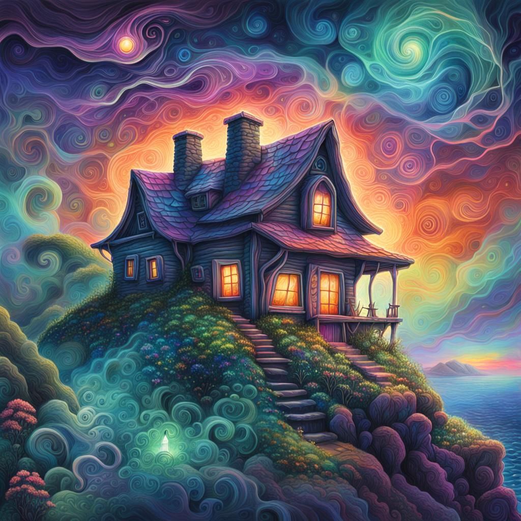 Mystical Cottage on Coastal Cliff in Astral Illustration