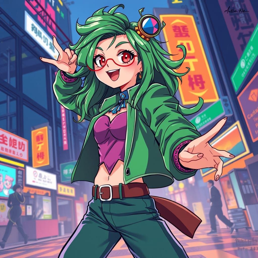 Mao Mao in Vibrant Green Hair, Anime Style