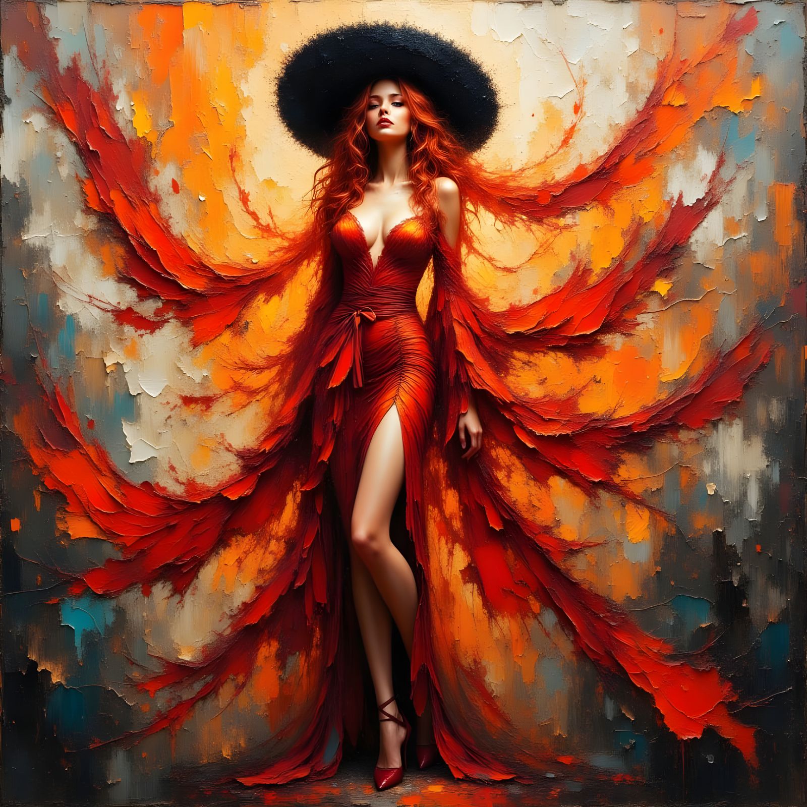 Impasto Painting of Ethereal Woman in Fiery Hues