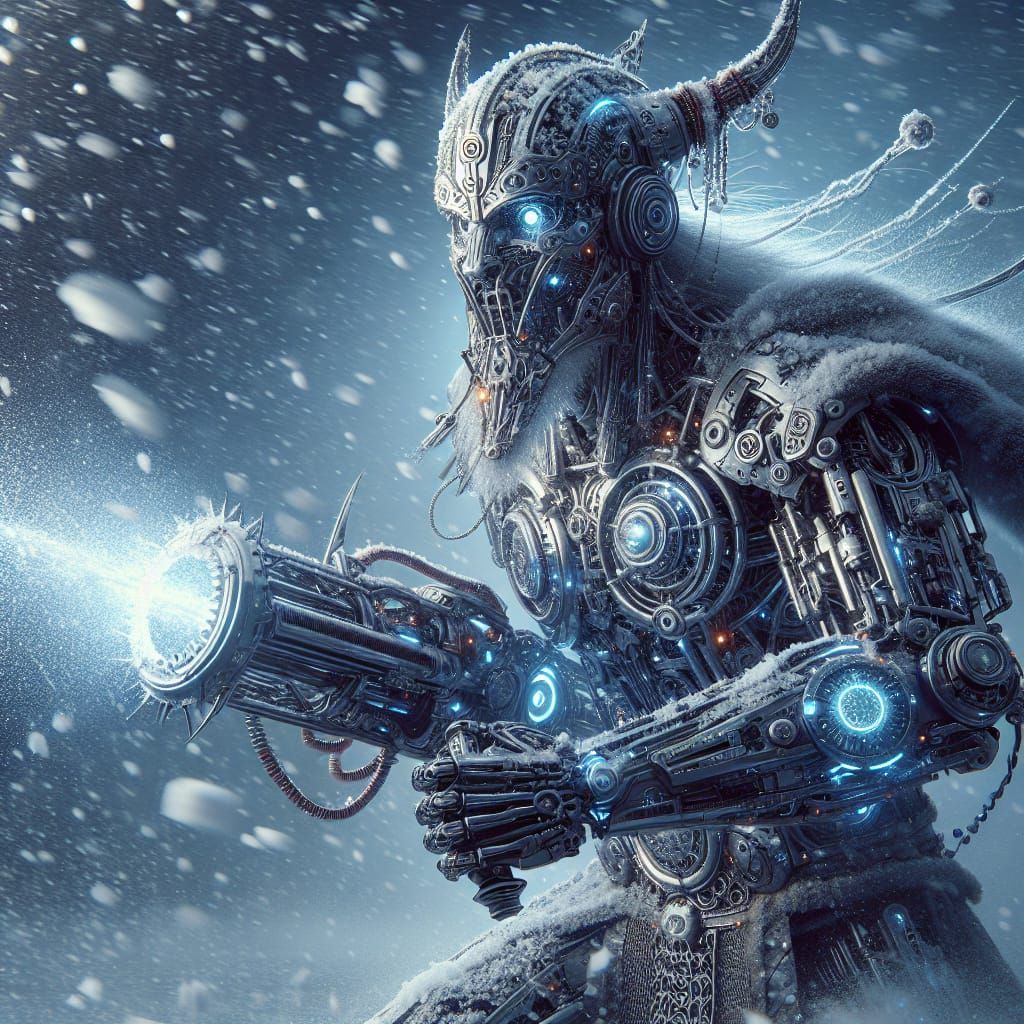 Cyborg Viking Warrior in Fierce Snowstorm