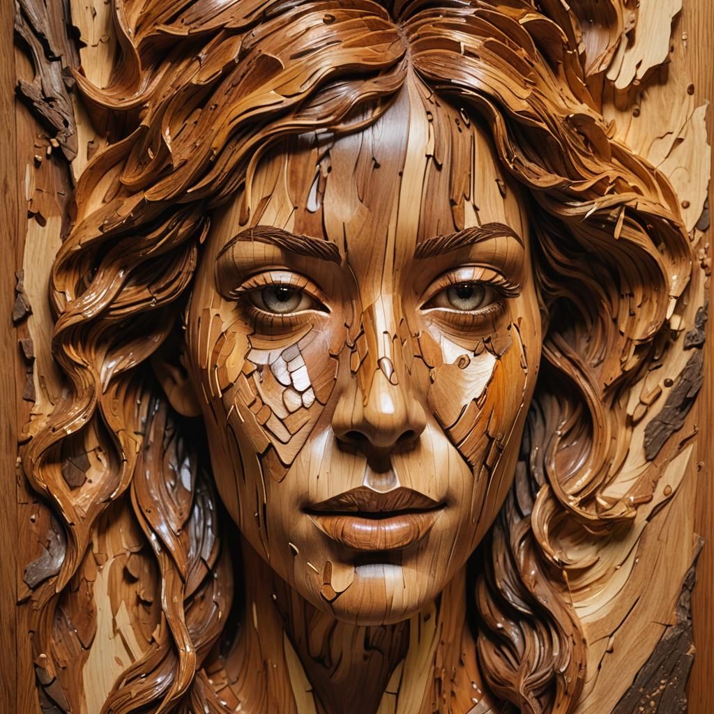 Hyperrealistic Wood Sculpture of a Woman's Face