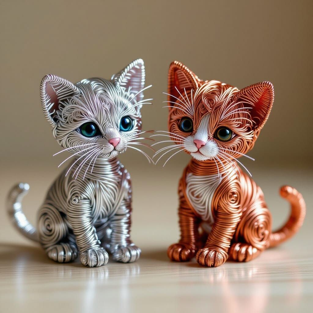 Calico Kittens Sculpture Made of Silver and Copper Wire