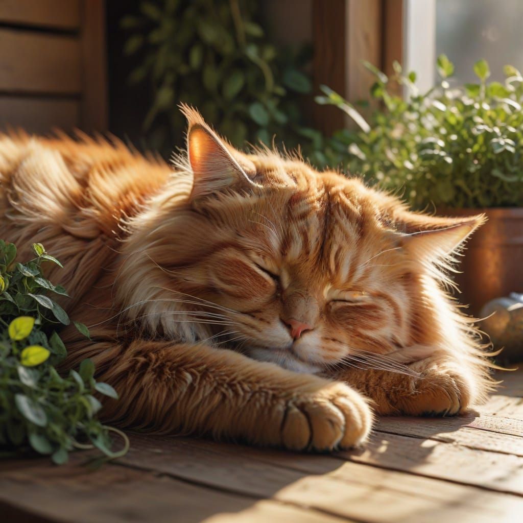 Fluffy Ginger Cat Sleeping in Sunbeam