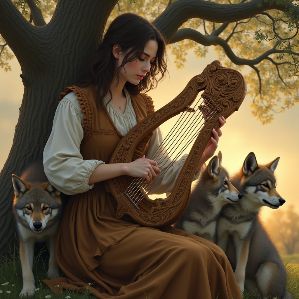 Woman with Lyre and Wolves in Photorealistic Style