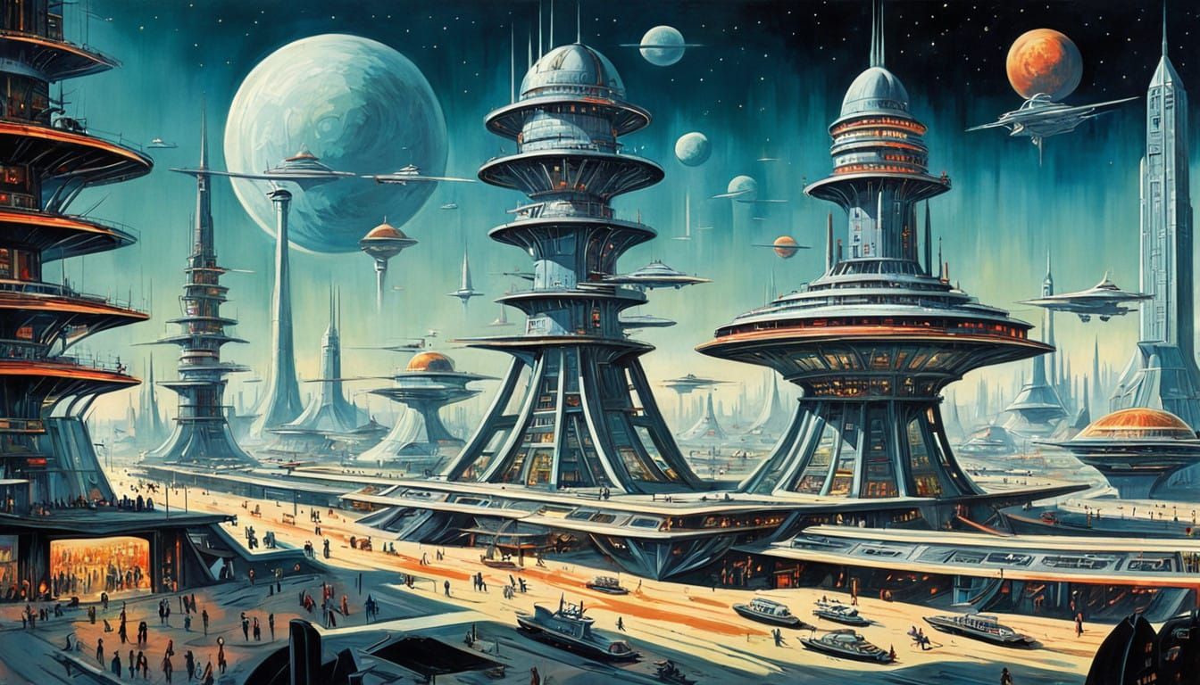 Retro Futuristic Spaceport in Fiery Hues