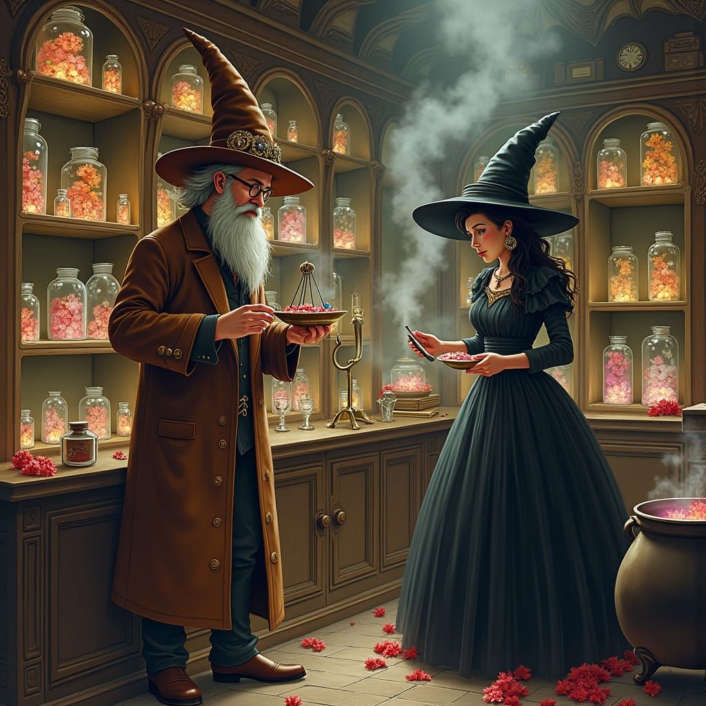 Steampunk Apothecary Scene with Wizard and Witch