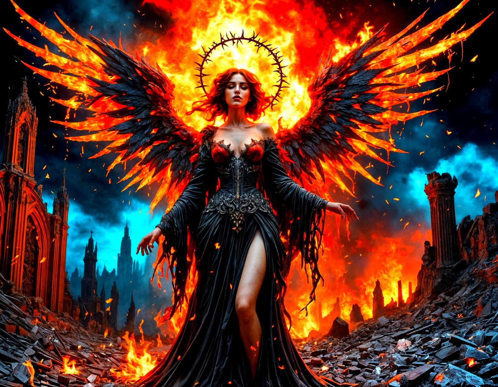 Majestic Fallen Angel of Fire in Cosmic Decay