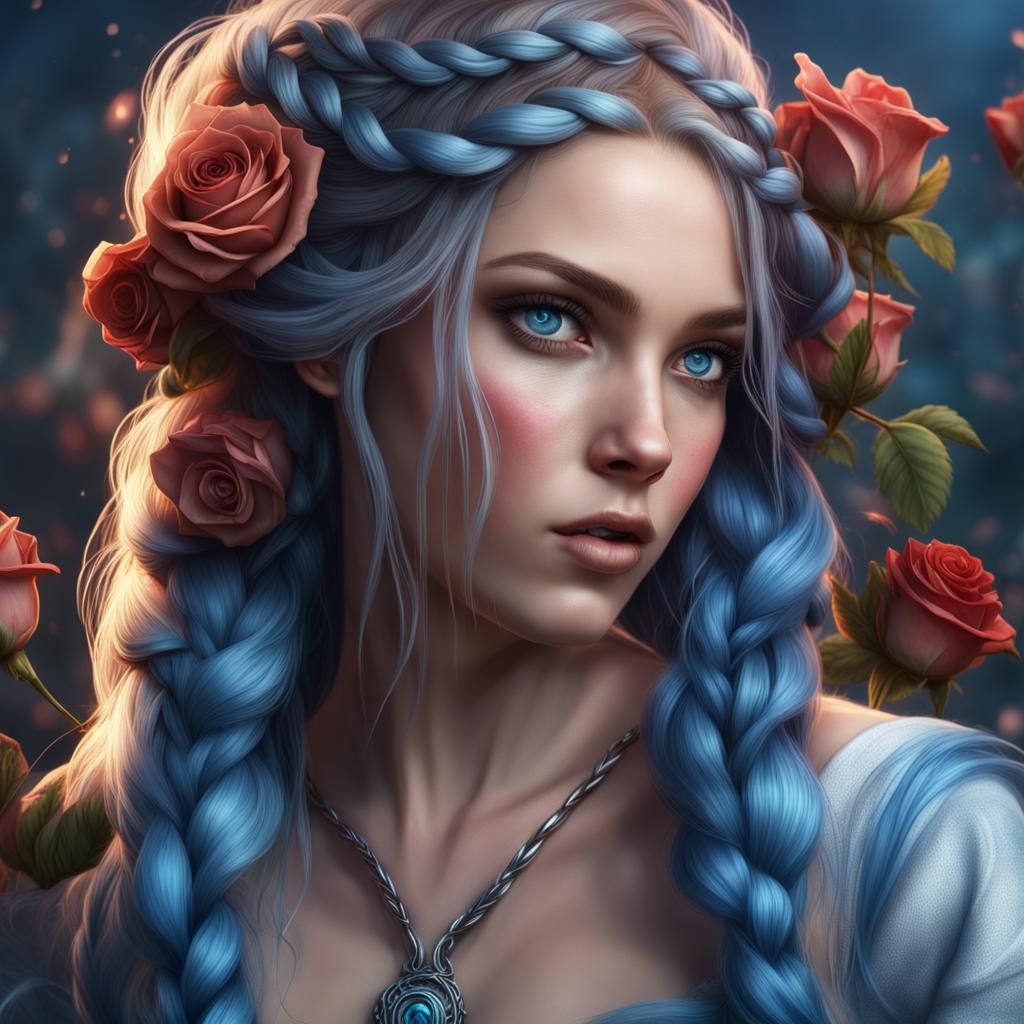 Blue-Eyed Girl with Roses: Fantasy Concept Art