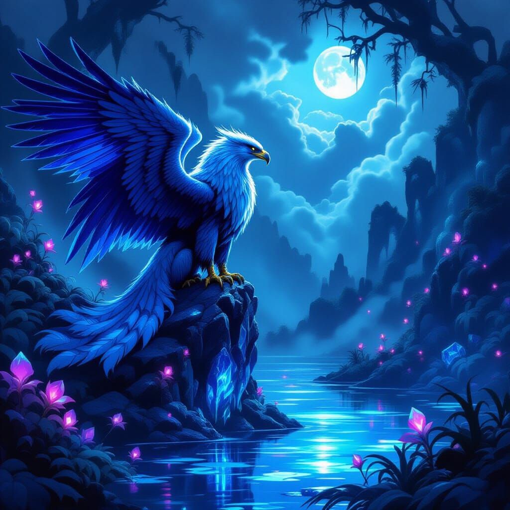 Majestic Griffin on Crystalline Outcrop in Bioluminescent Sw...