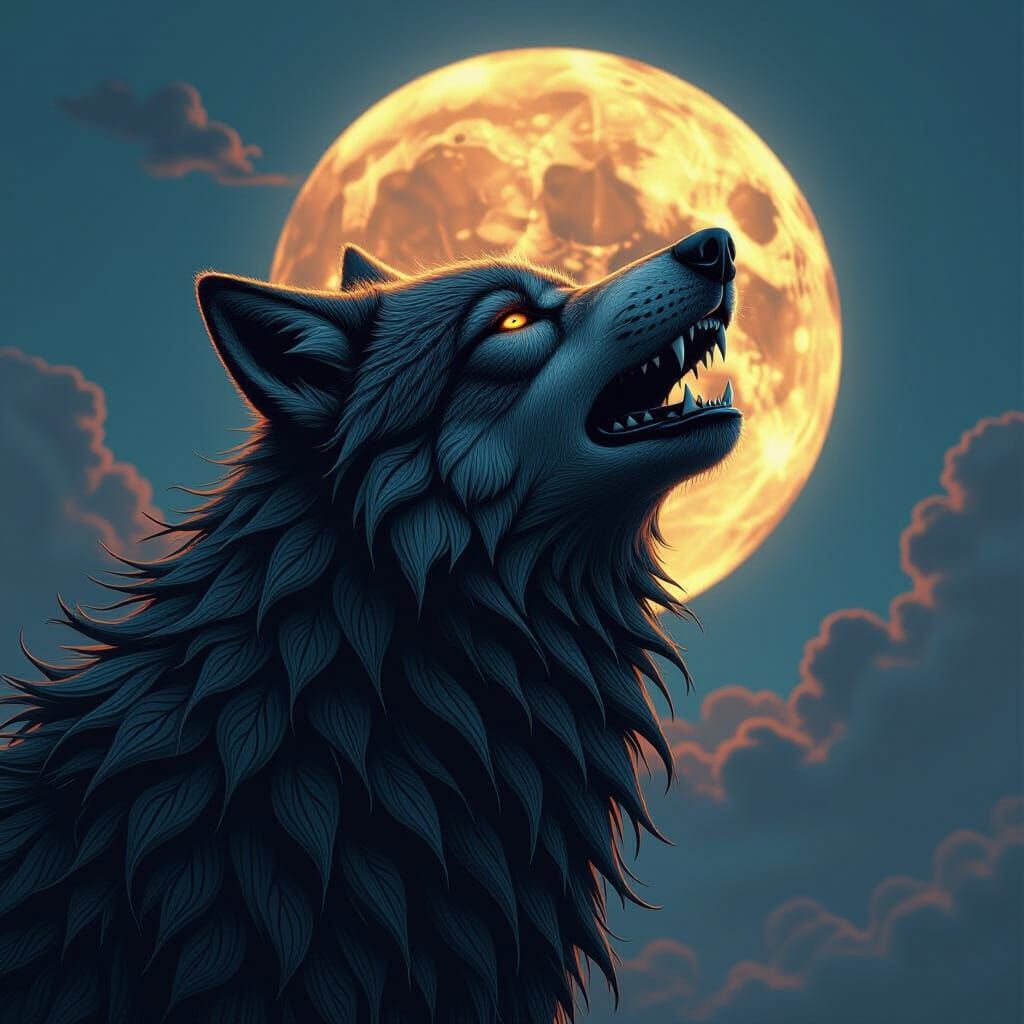 Metal Wolf Howling at Moon in Dark Surrealism Style