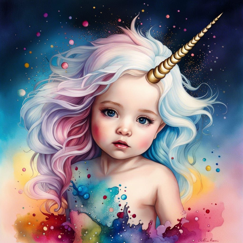 Adorable Chibi Unicorn Toddler in Watercolor Style