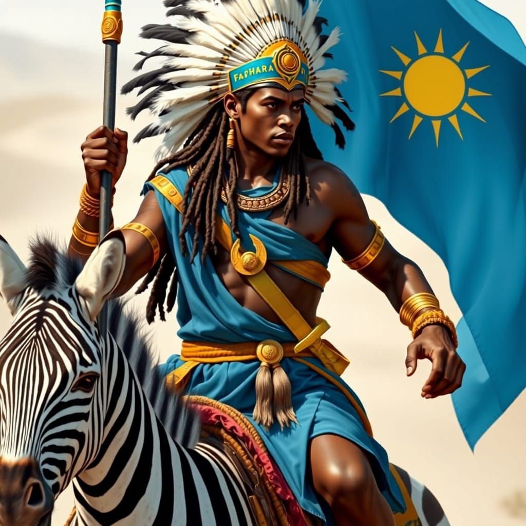Heroic Warrior on Zebra in Savanna, Hyper-Realistic Style