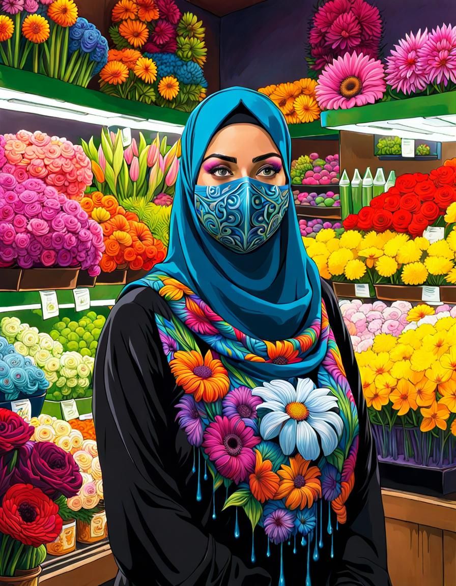Beautiful Hijabi Florist in Psychedelic Art Style