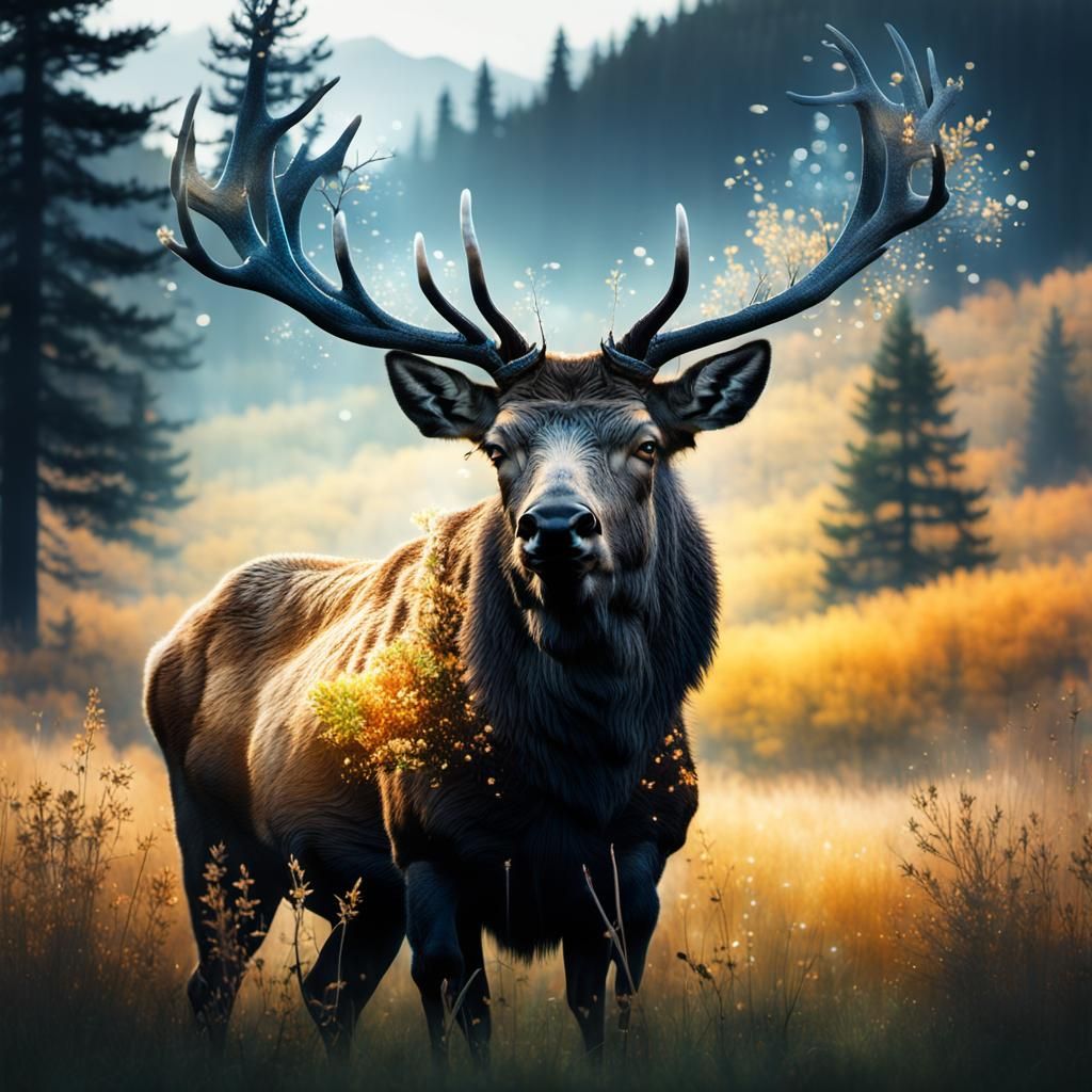 Detailed Elk Silhouette Double Exposure Nature Collage