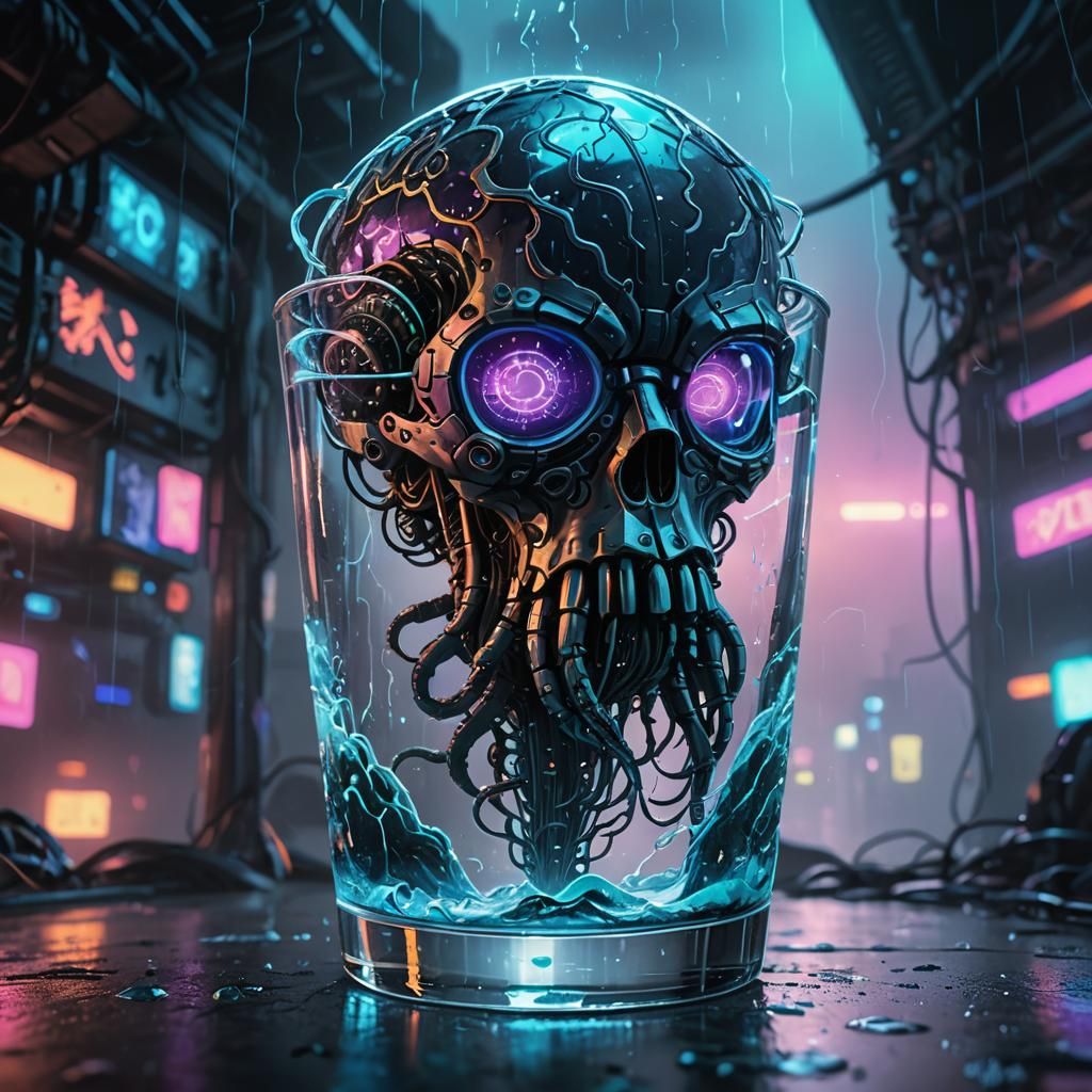 Cyberpunk Brain in Glass with Neon Lights