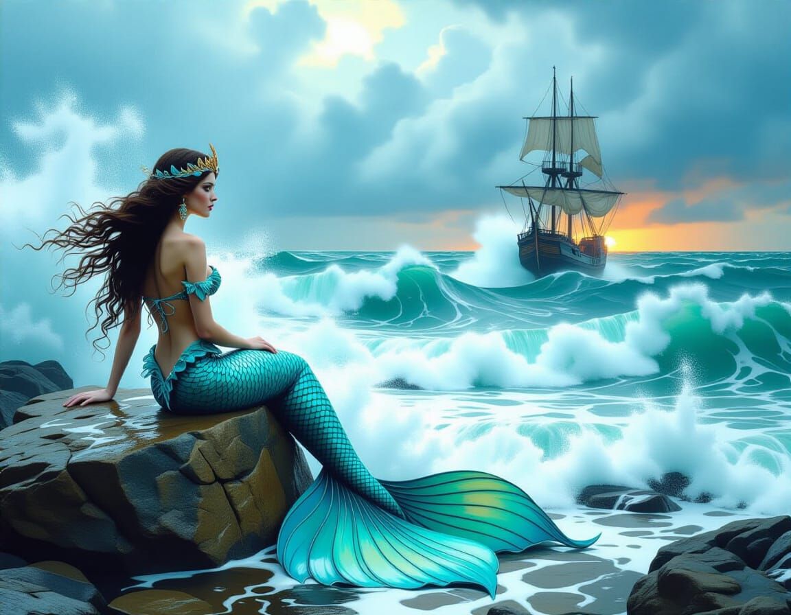 Mermaid on Stormy Shore in Hyperrealistic Style