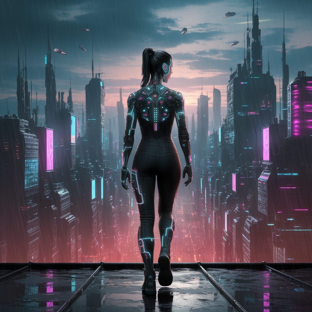 Cybernetic Woman Overlooking Futuristic City in Cyberpunk St...