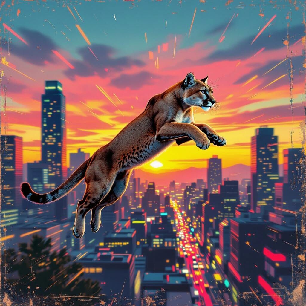 Mountain Lion Leaping Over Vibrant Cityscape in Grunge Art S...
