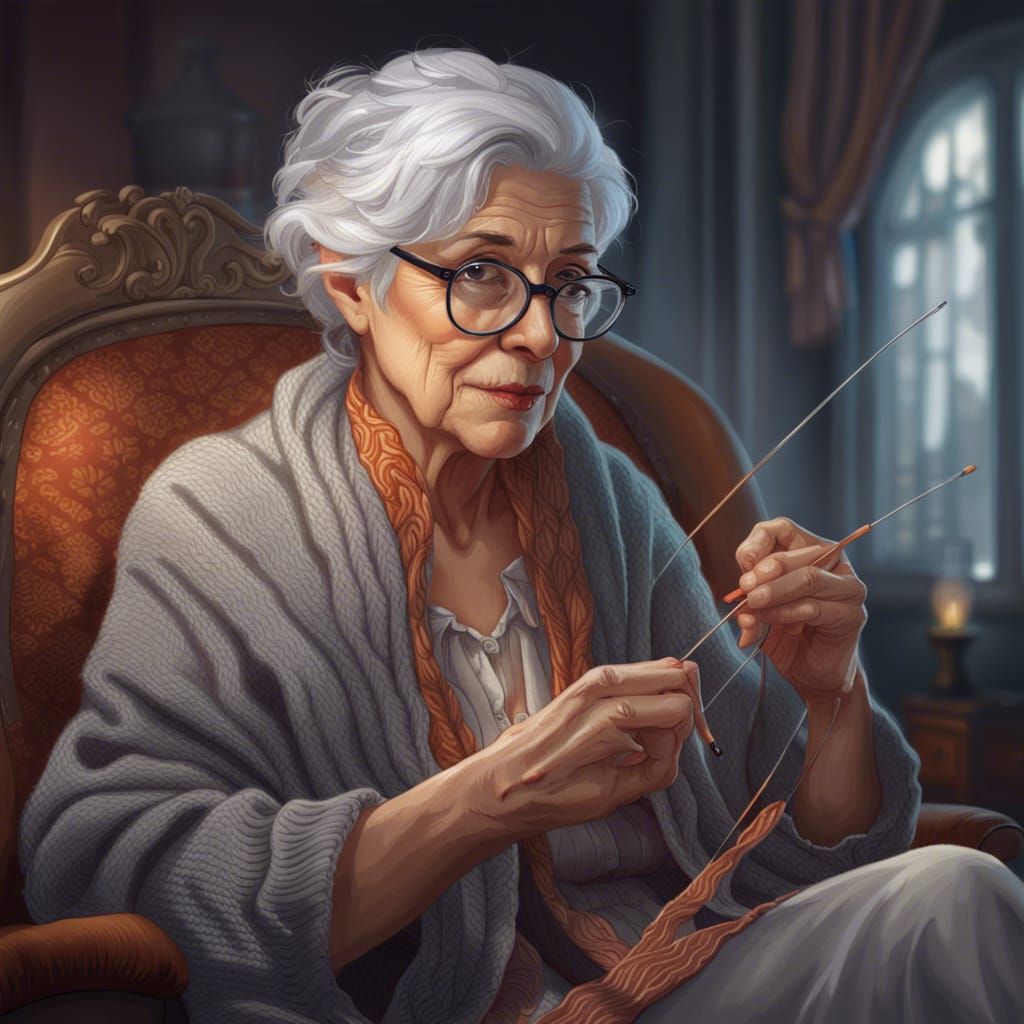 Elderly Lady Knitting: Hyperdetailed Digital Art Portrait