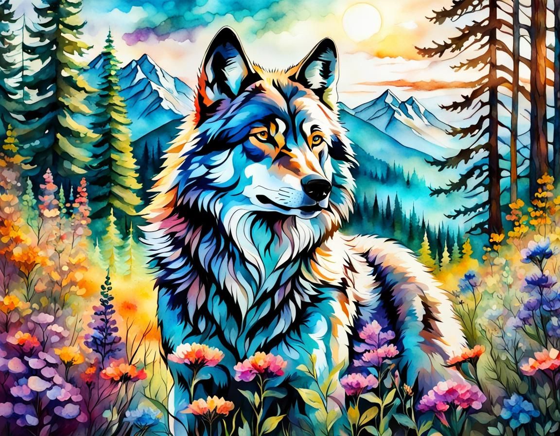 Wolf in Mountain Forest with Alcohol Ink Style