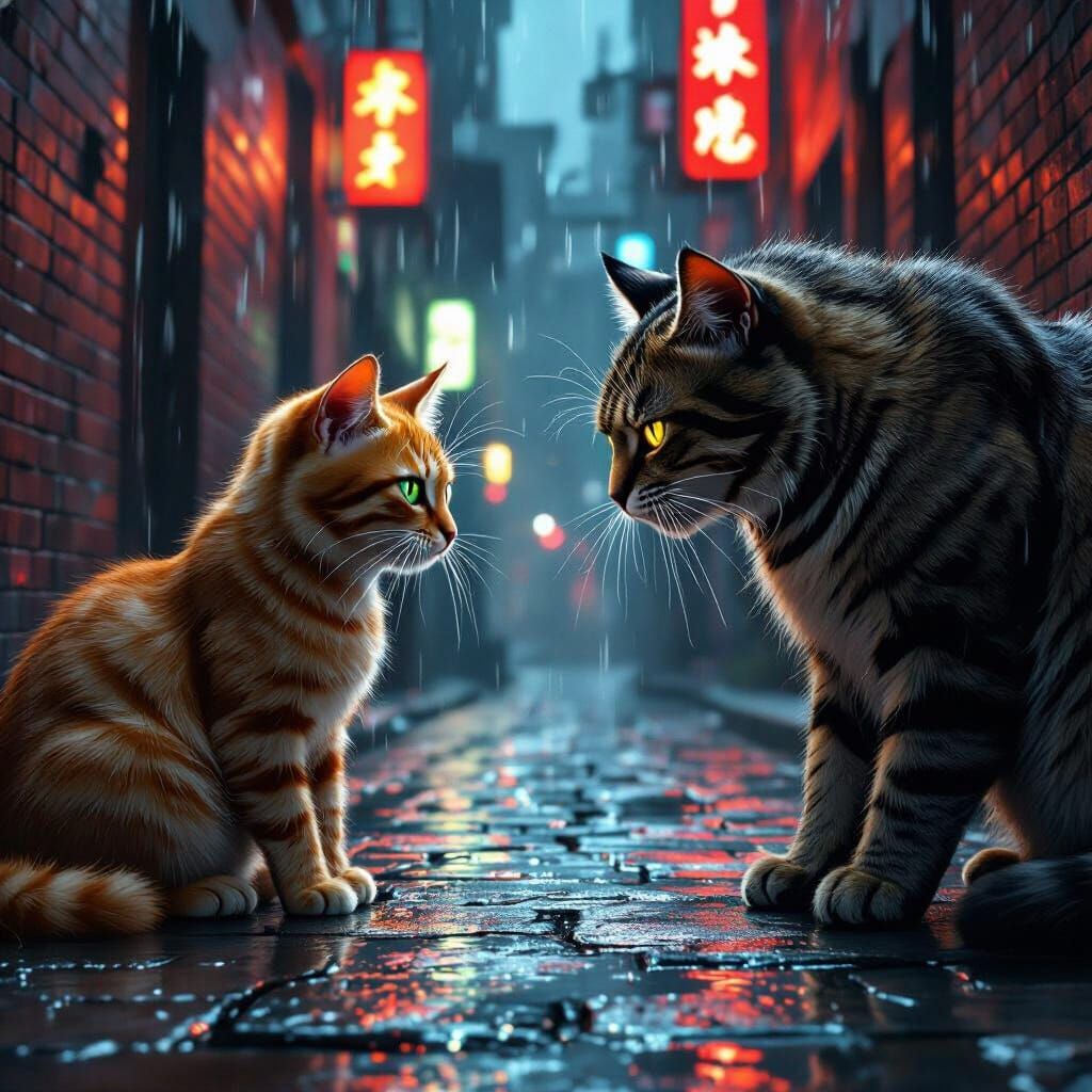 Cats Face Off in Rainy Alley: Gritty Realism