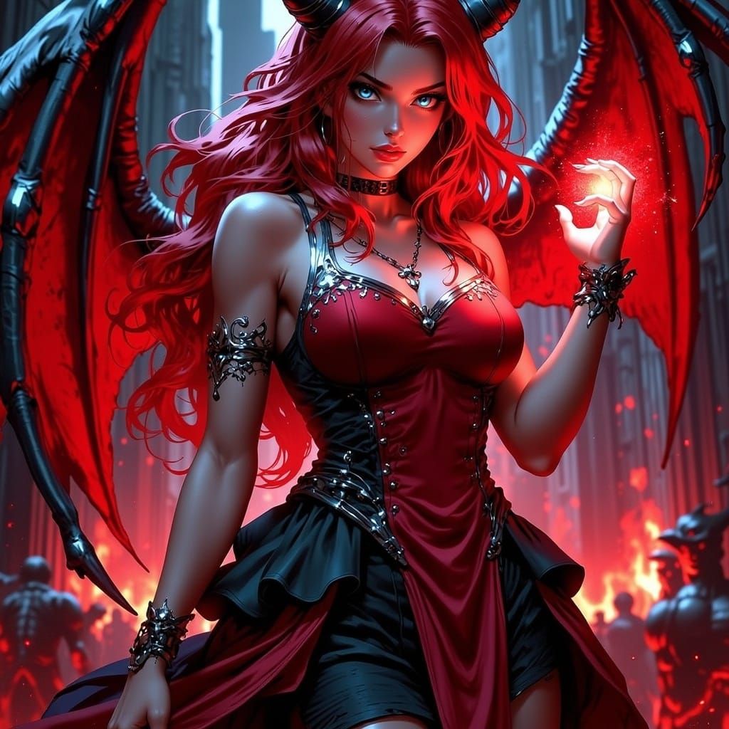 Striking Female Demon in Gothic Castle