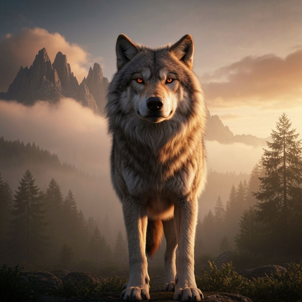 Majestic Dire Wolf at Sunset in Cinematic Style