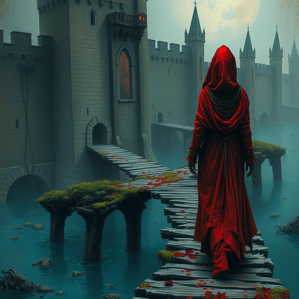 Red-Hued Figure on a Medieval Bridge