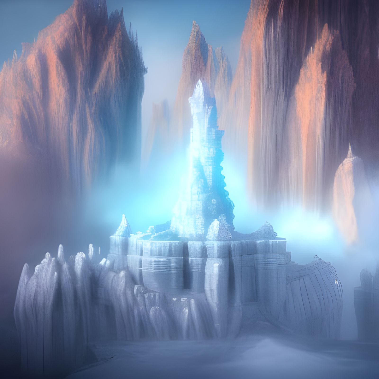 Icy Castle on Cliff in Detailed Matte Painting