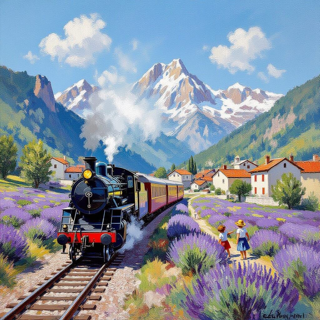 Impressionistic Train Journey Through Lavender Fields