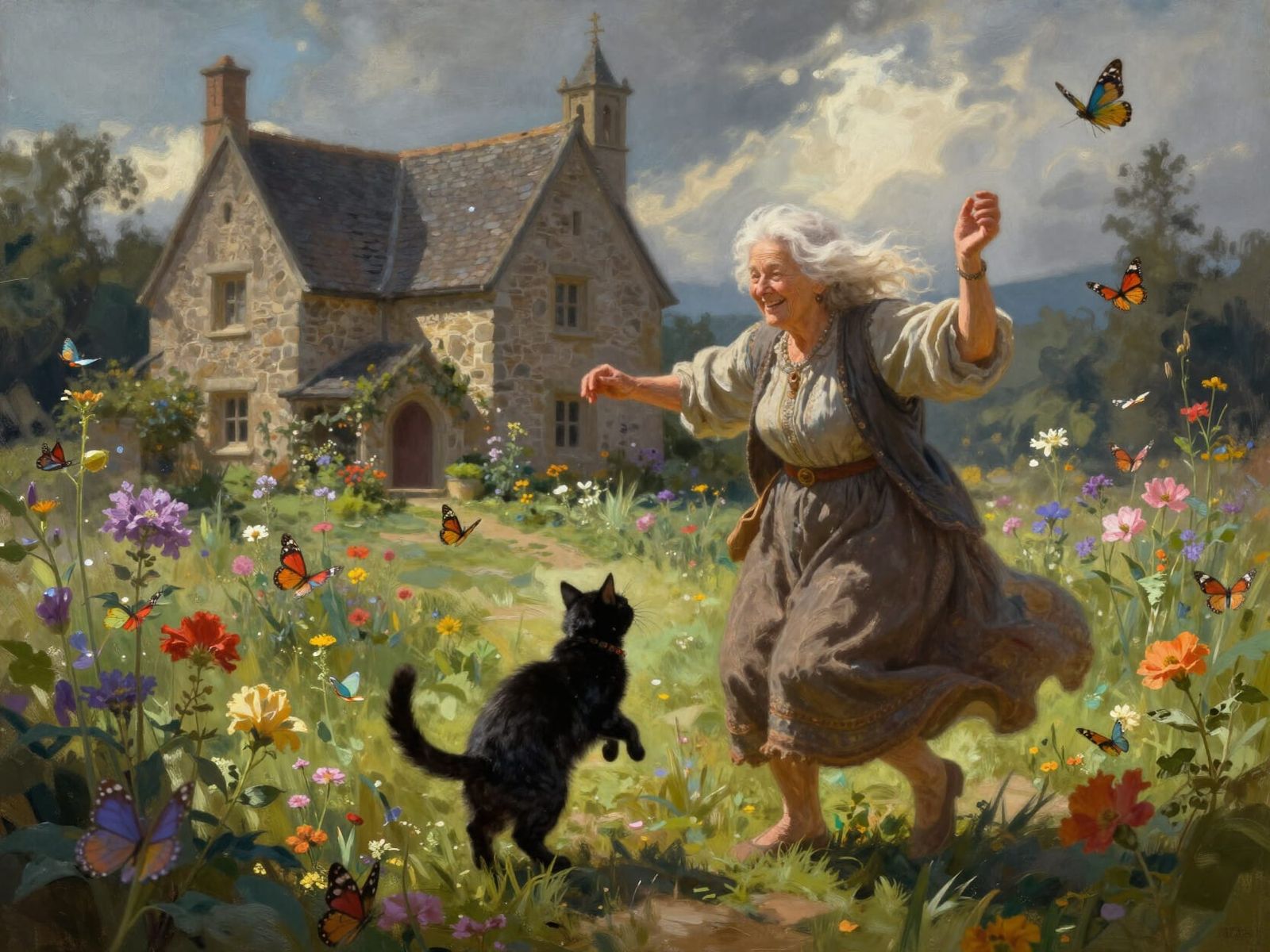 Elderly Woman Dancing with Cat in Fantasy Garden