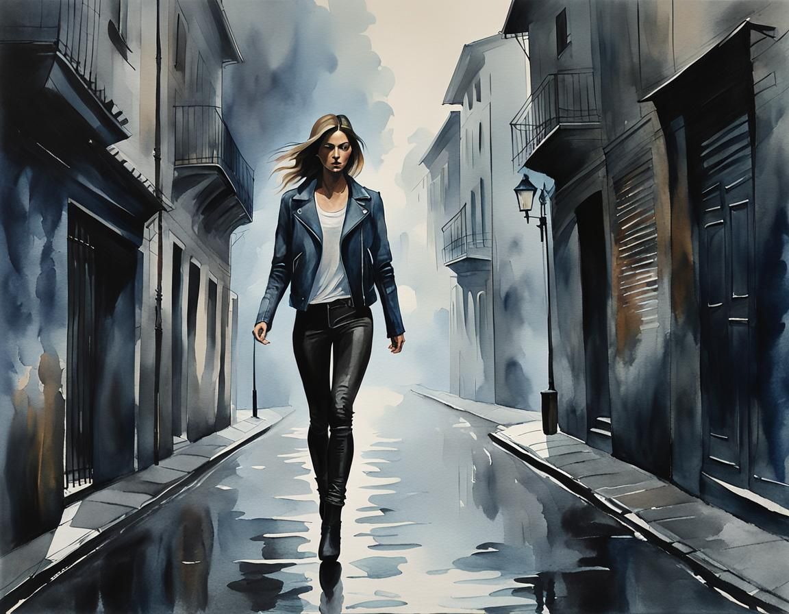 Woman Striding Down Misty Alleyway as Watercolor