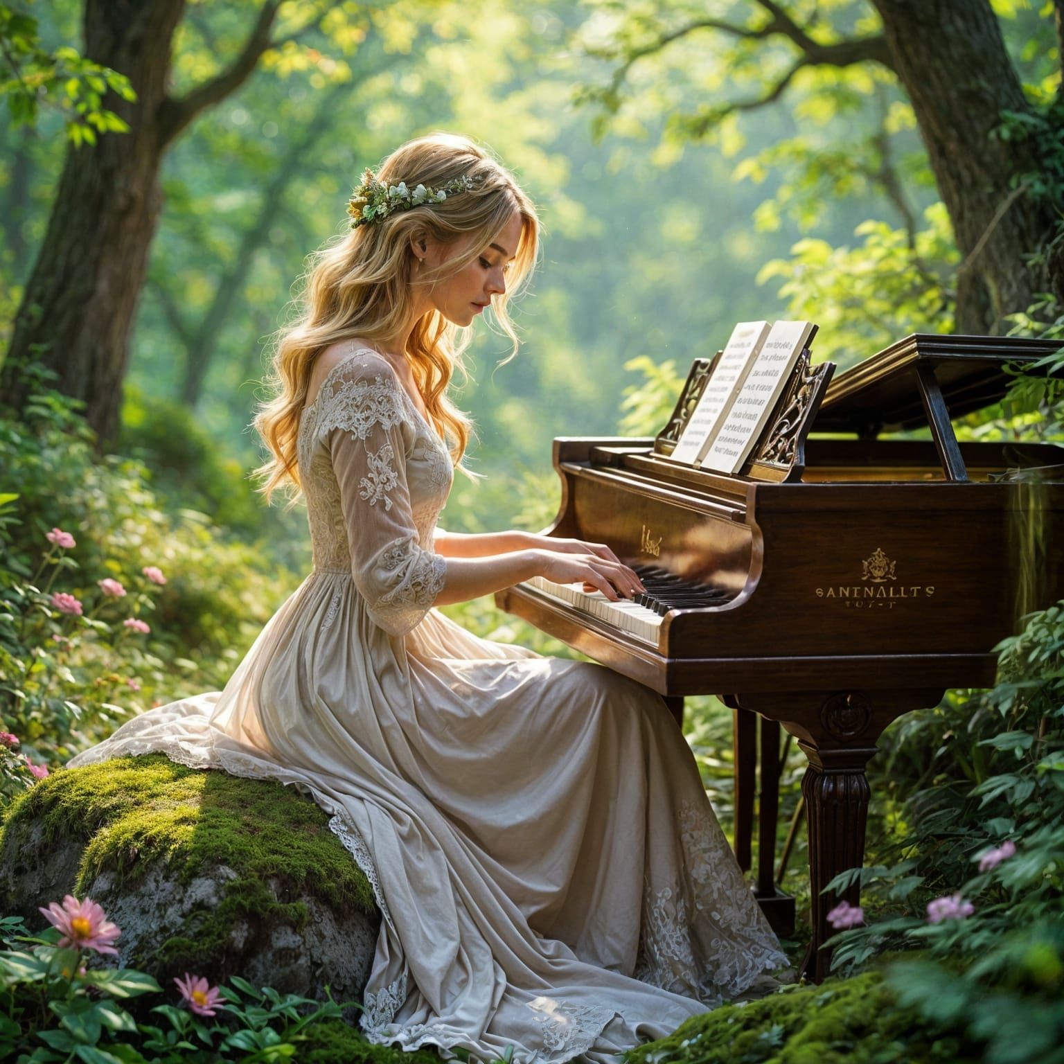 Enchanting Forest Pianist in Dreamy Realism Style