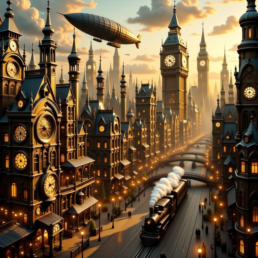 Steampunk Cityscape in Warm, Golden Light