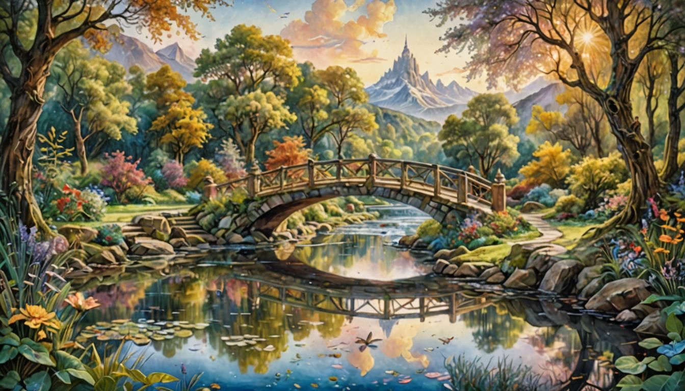 Picturesque Stone Bridge in Watercolor Landscape