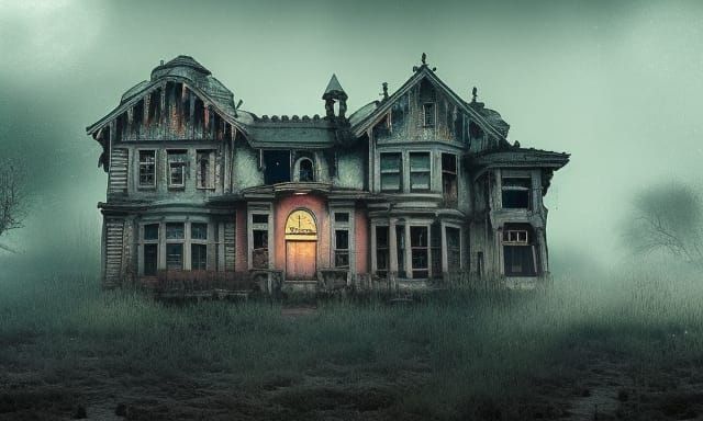 Haunted House Surrounded by Colorful Houses: Digital Matte P...
