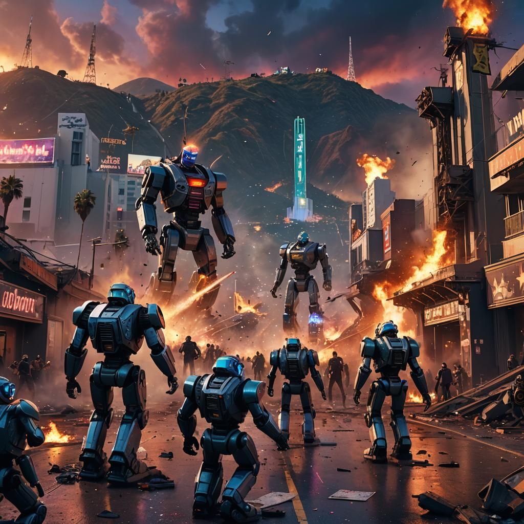 Robots Destroy Hollywood in Hyper-Realistic Matte Painting