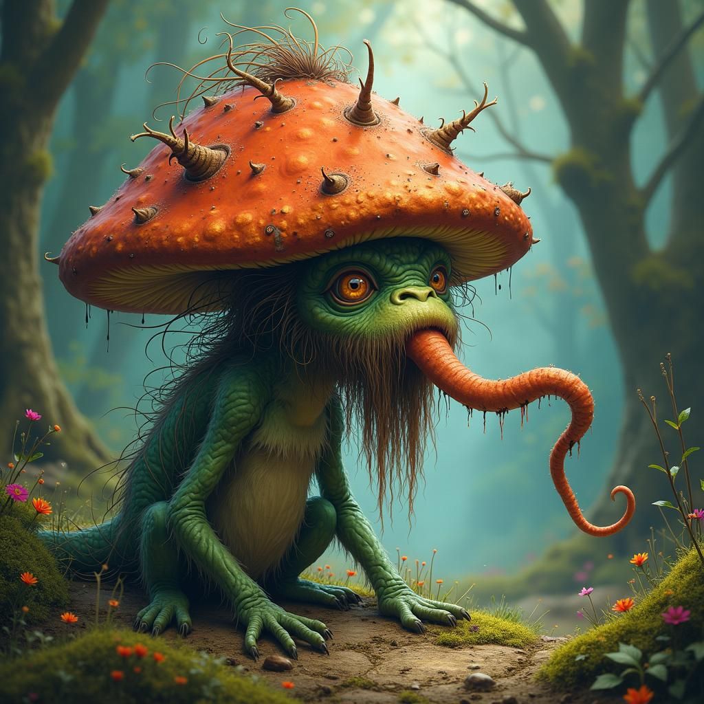 Mushroom Creature in Mystical Forest, Surrealist Style