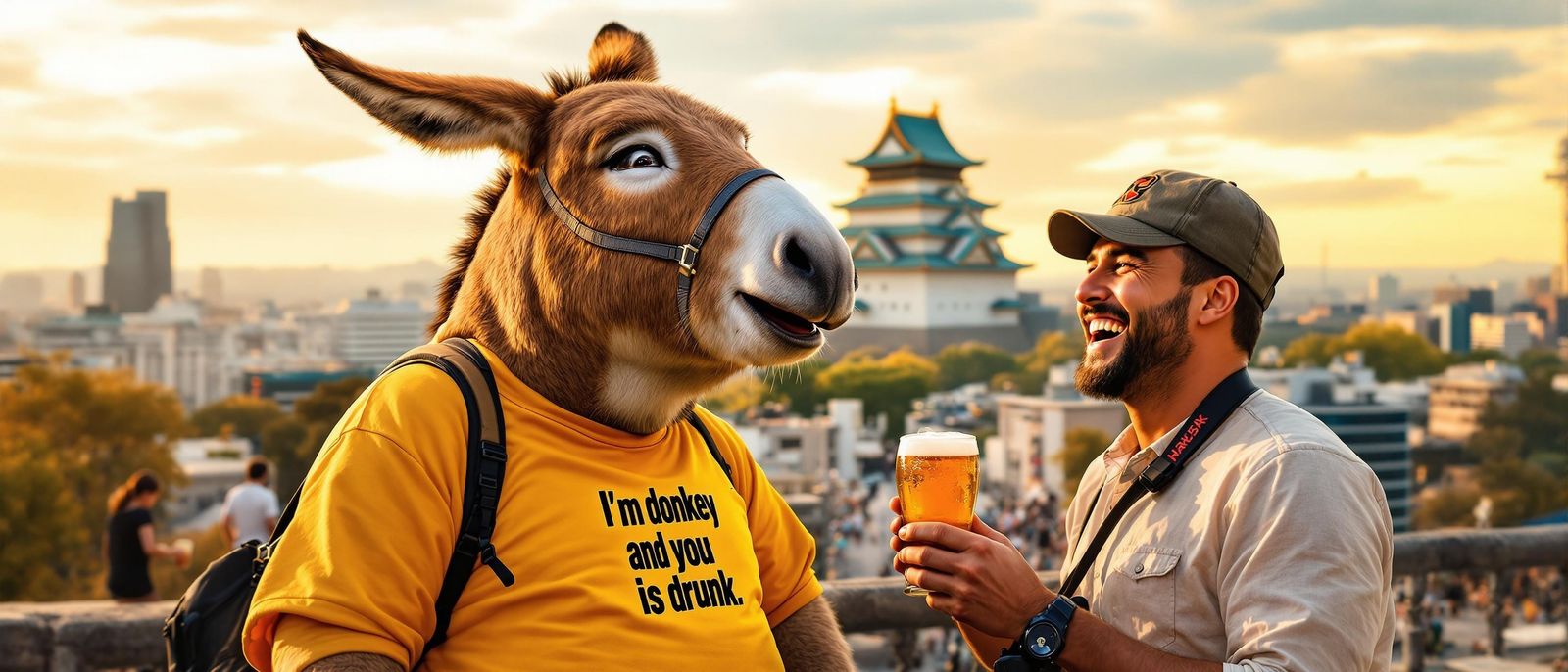Joyful Donkey Shares Beer with Tourist in Osaka Japan Castle