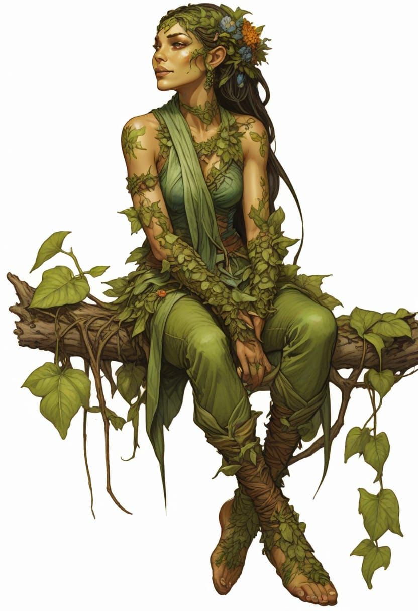 Happy Dryad in Vivid Summer Leaves and Flowers
