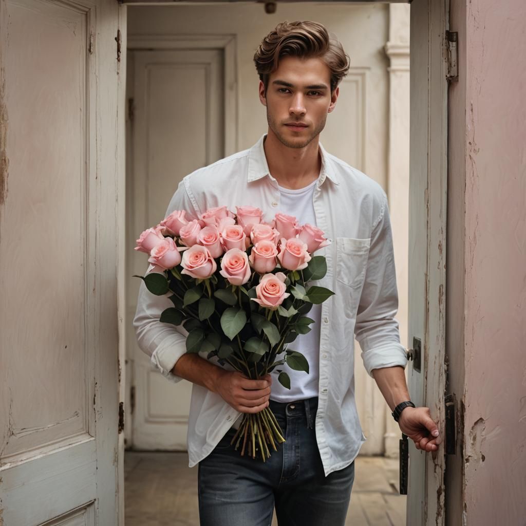 Young Man with Roses in Photorealistic Style