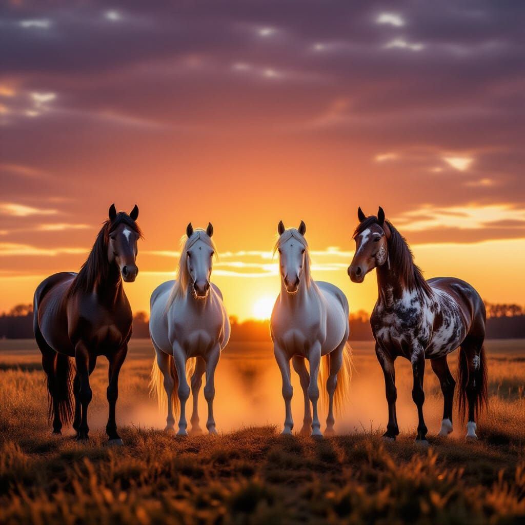 Majestic Horses in Golden Sunset Field