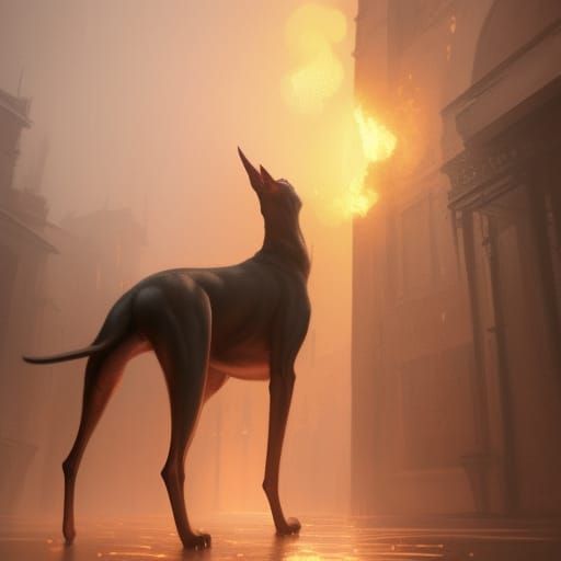 Dobermanwolf in Rose Gold Fire, Dark Fantasy Art