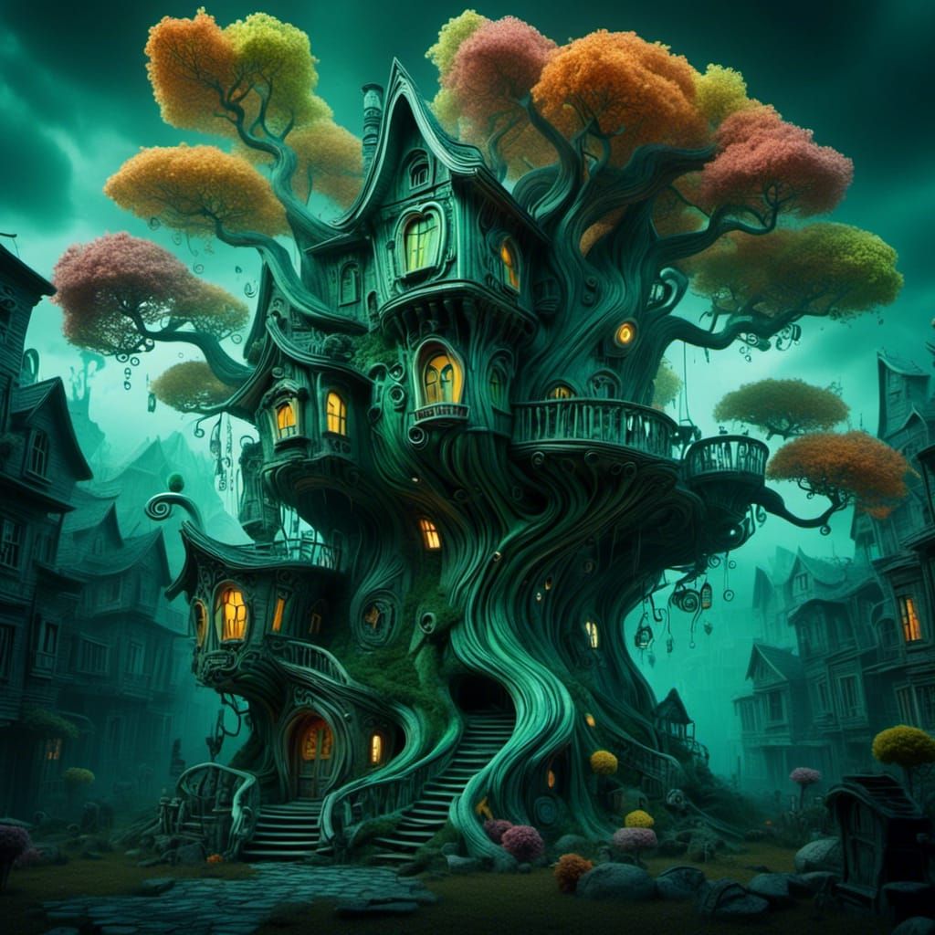 Green Marble Treehouse in Biomechanical Landscape