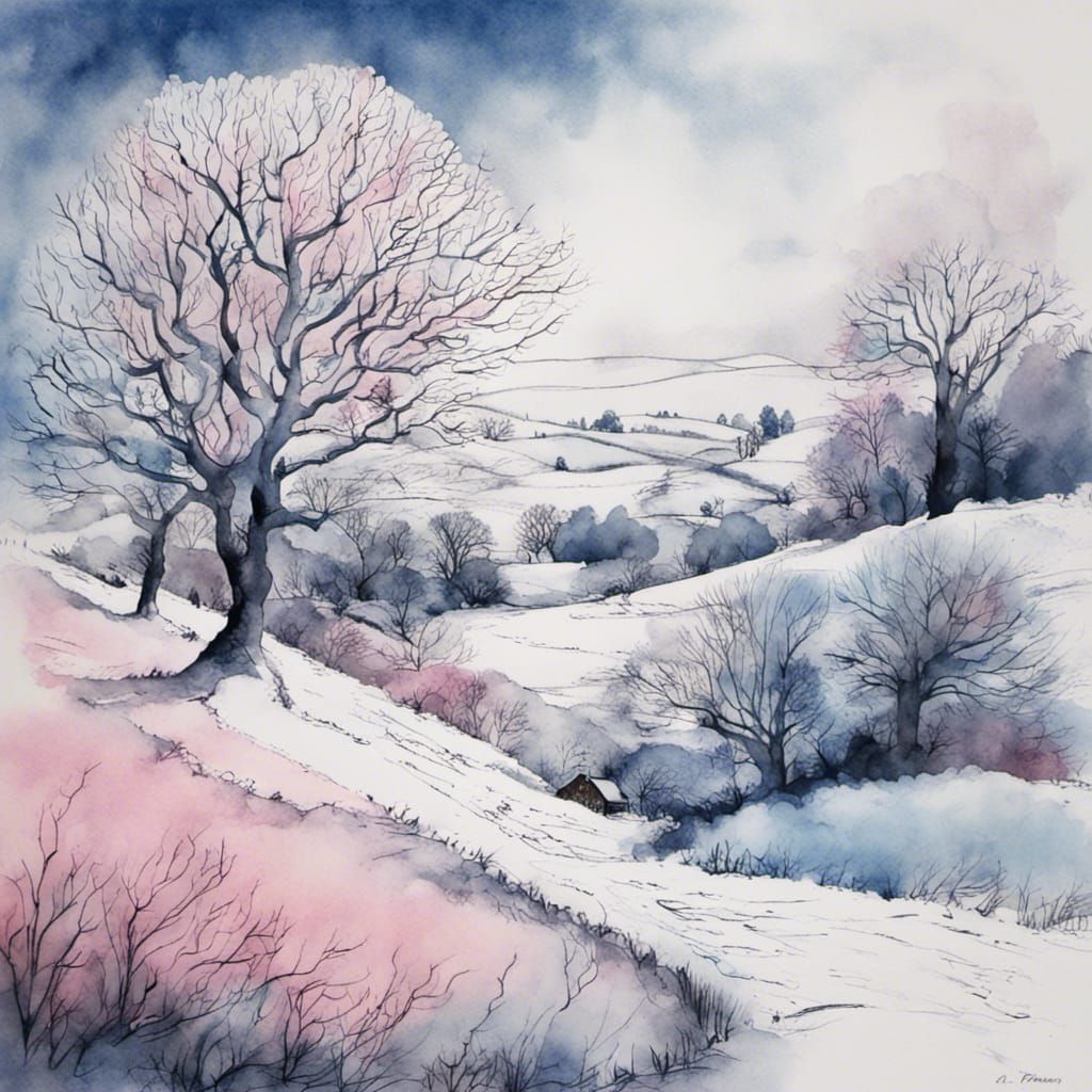 Cotswold Winter Landscape in Watercolor Ink