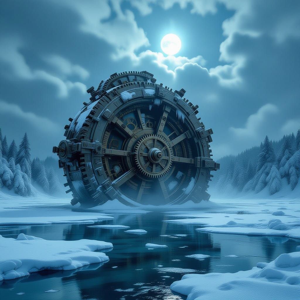 Ancient Clockwork Automaton in Frozen Lake Steampunk Style