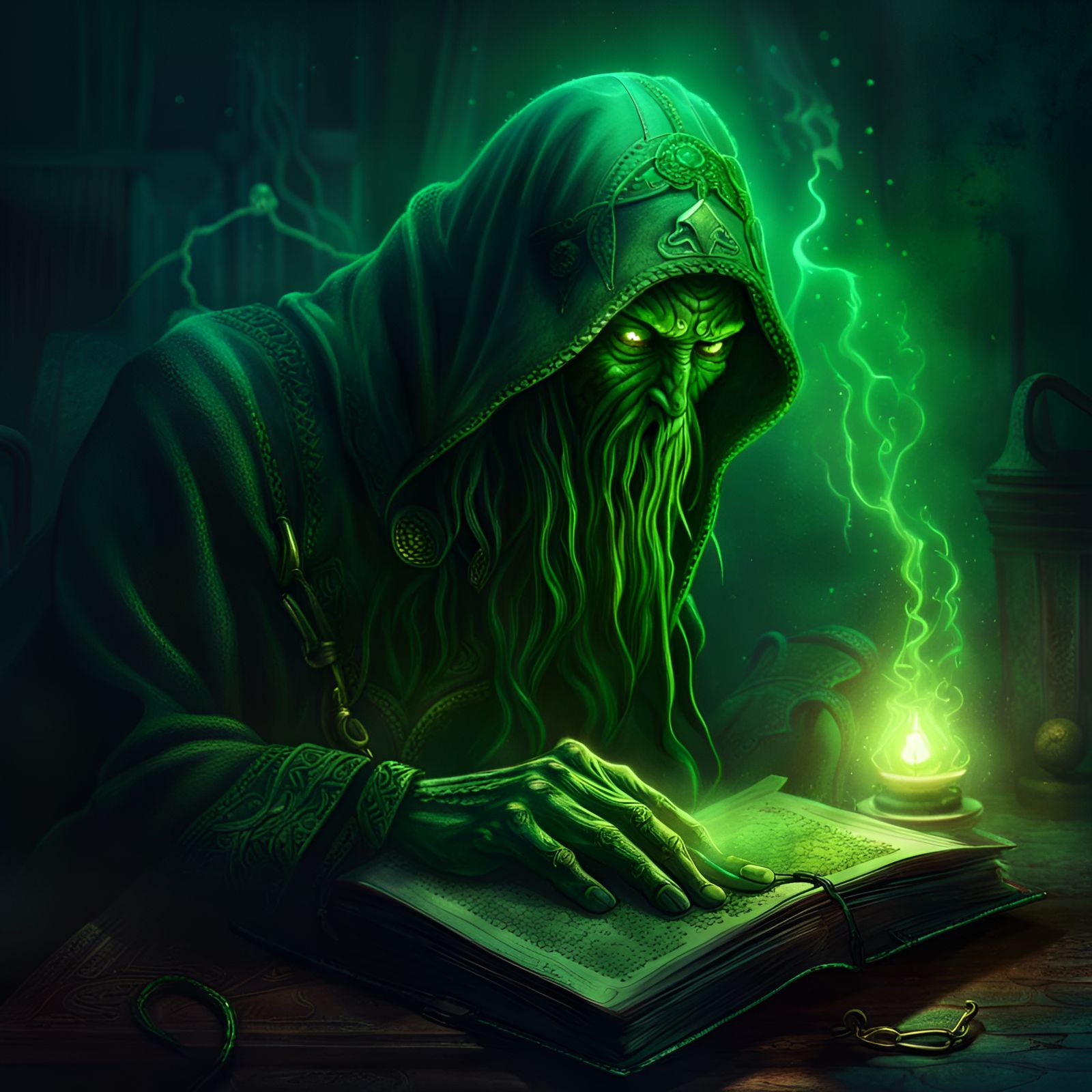 Lovecraftian Tome of Dark Secrets in Misty Study