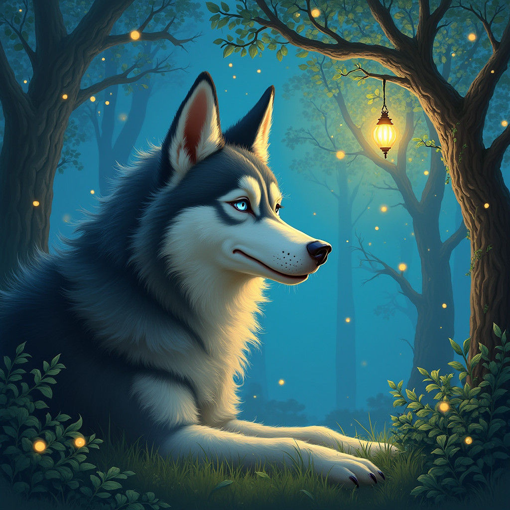Mystical Husky Wolf in Enchanted Forest Painting