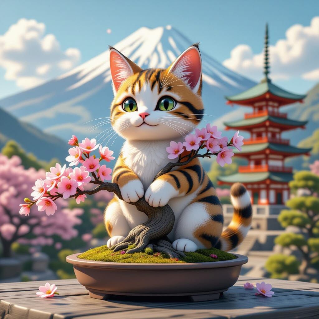 Cat-Shaped Bonsai Tree with Japanese Temple, Ghibli Style